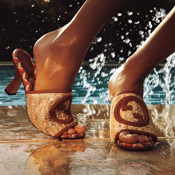 GUCCI Mabel Leather-trimmed Raffia Mules in Beige Size 8.5US / 38.5EU - Picture 2 of 12